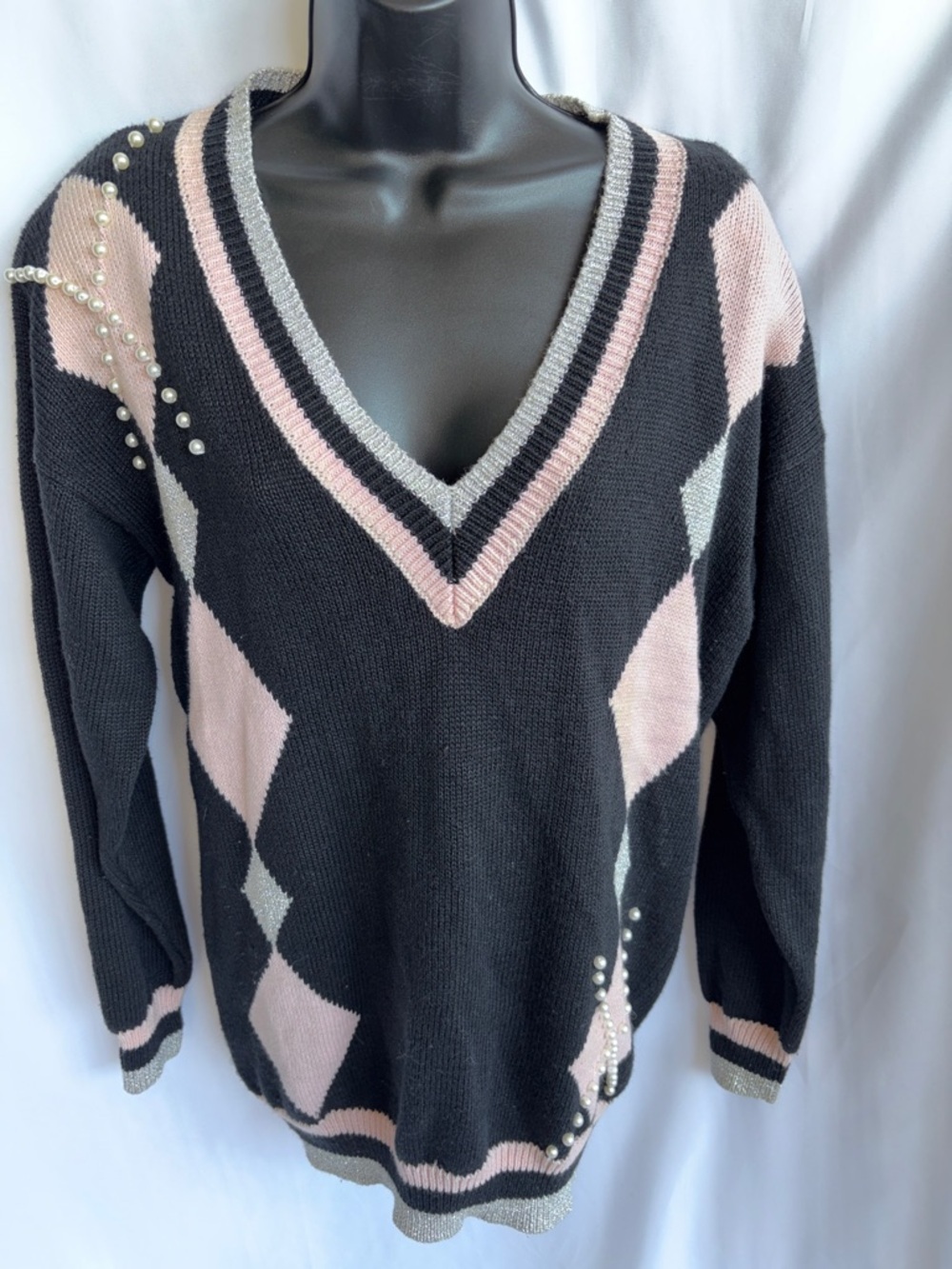 Marnie West Vintage Argyle sweater, pearls, metallic thread, M, 22” PTP, 29” L